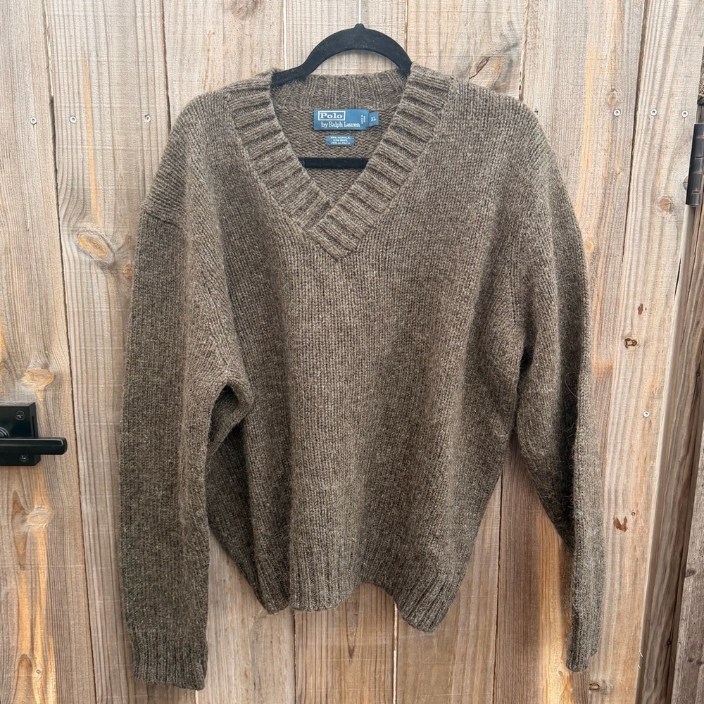 Vintage POLO Ralph Lauren Men's V-Neck Sweater in Brown With Elbow Pads Size XL